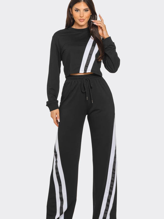 Front Stripes Crop Top and Side Stripes Pants Set