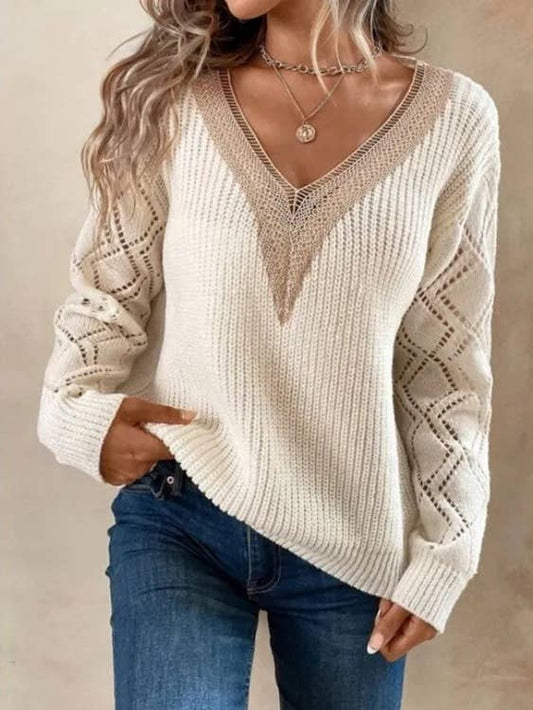 CWOSWL1370_V-Neck Casual Long Sleeve Pullover Sweater